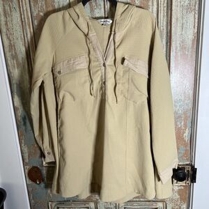 Davi & Dani Tunic V Neck With Hood Large  With Pockets Khaki/Tan/Golden